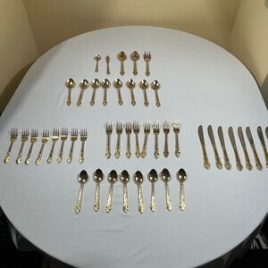 H.S. LTD Flatware Set Unisex 45pc Gold Ornate Floral Scroll Stainless Steel